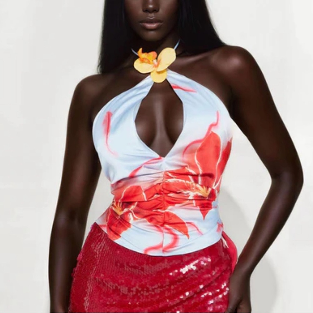 Floral Halter Neck Top - Red and White